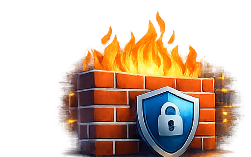 Network firewall illustration: brick wall, flames, and a shield