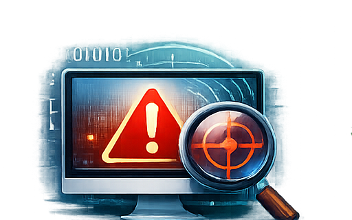 Endpoint detection illustration: monitor with warning triangle and magnifying glass