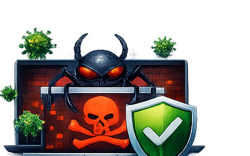 Email security illustration: laptop with malware blocked by shield