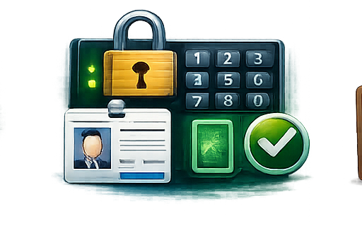 Identity protection illustration: padlock, ID badge, and keypad